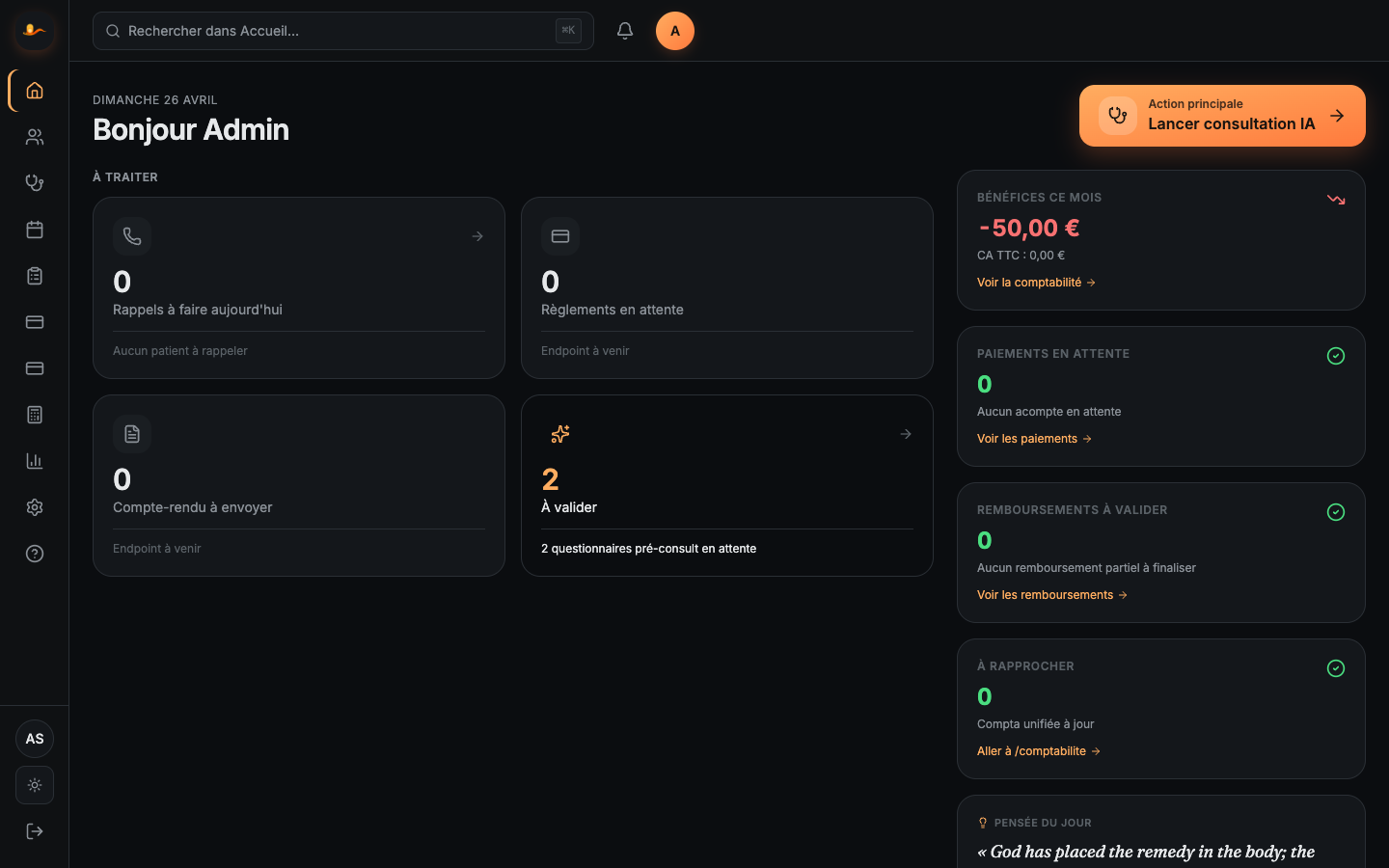 Dashboard Palpa — feed d'actions, briefing patient, comptabilité temps réel